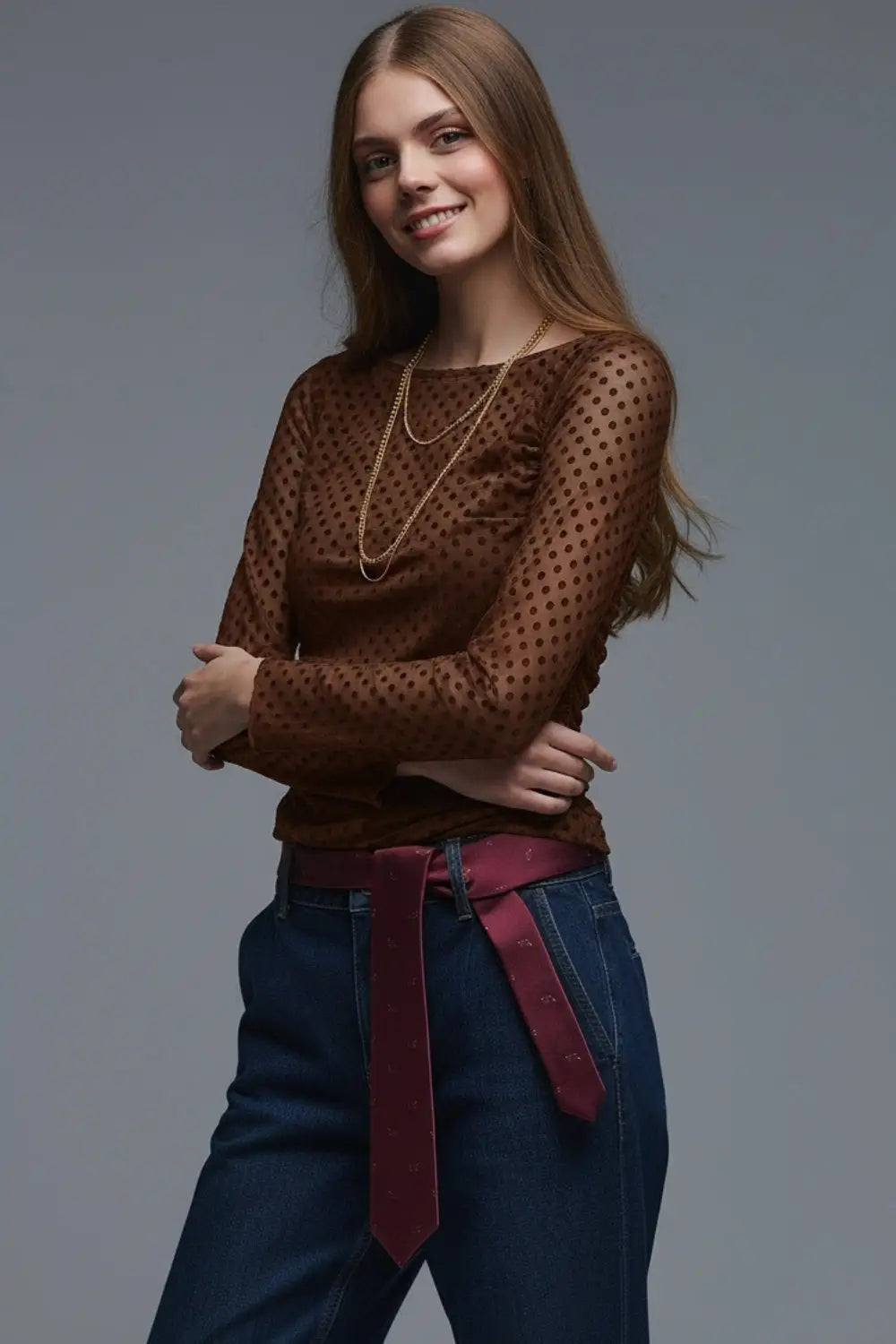 Top à pois marron en tissu transparent élastique - Tops