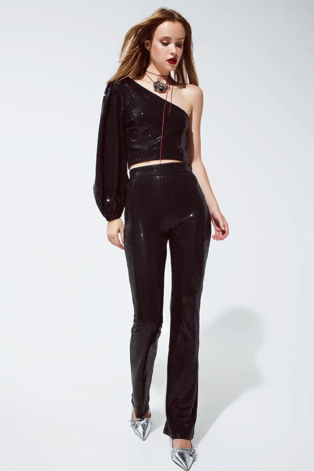 Top à une épaule avec des paillettes et manche longue en noir - Tops