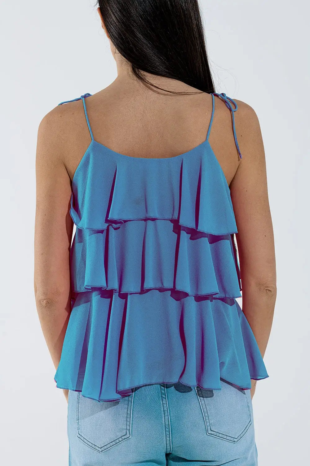 Top à volants et fines bretelles en bleu - Tops
