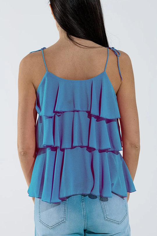 Top à volants et fines bretelles en bleu - Tops
