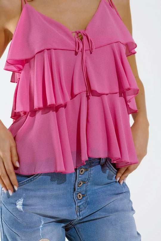 Top à volants et fines bretelles Fuchsia - Tops