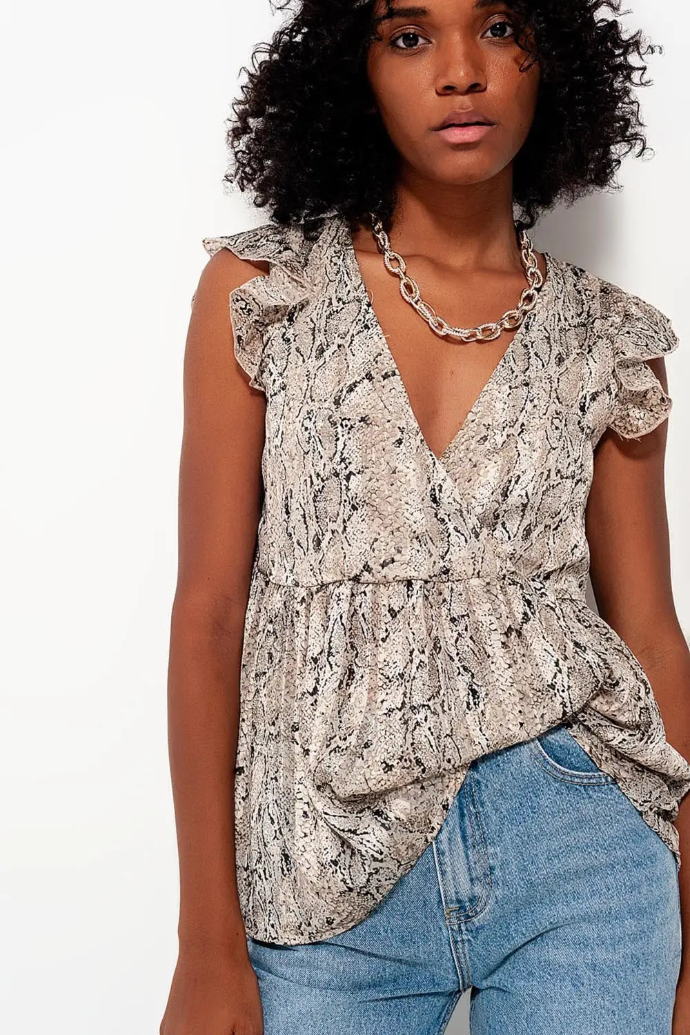 Top avec imprimé serpent et manches à volants - Tops