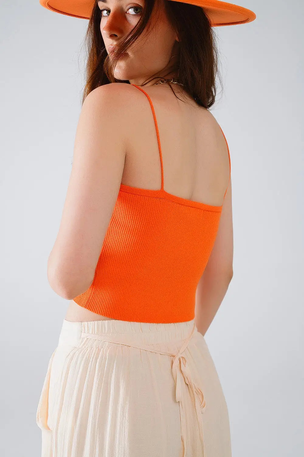Top basique en maille orange à fines bretelles - Tops
