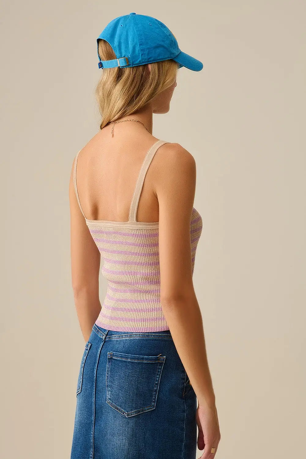 top beige avec rayures et bretelles lilas - Tops