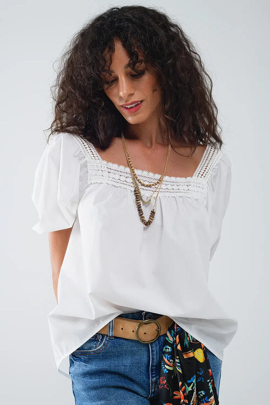 Top blanc à encolure carrée et manches courtes - Tops