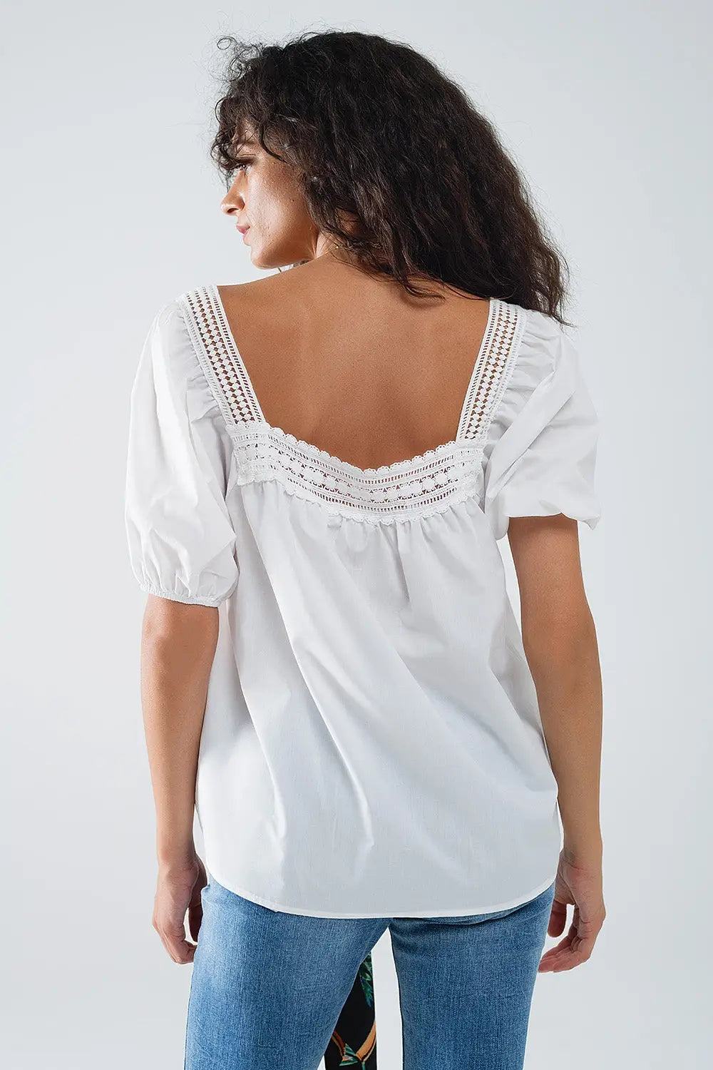 Top blanc à encolure carrée et manches courtes - Tops