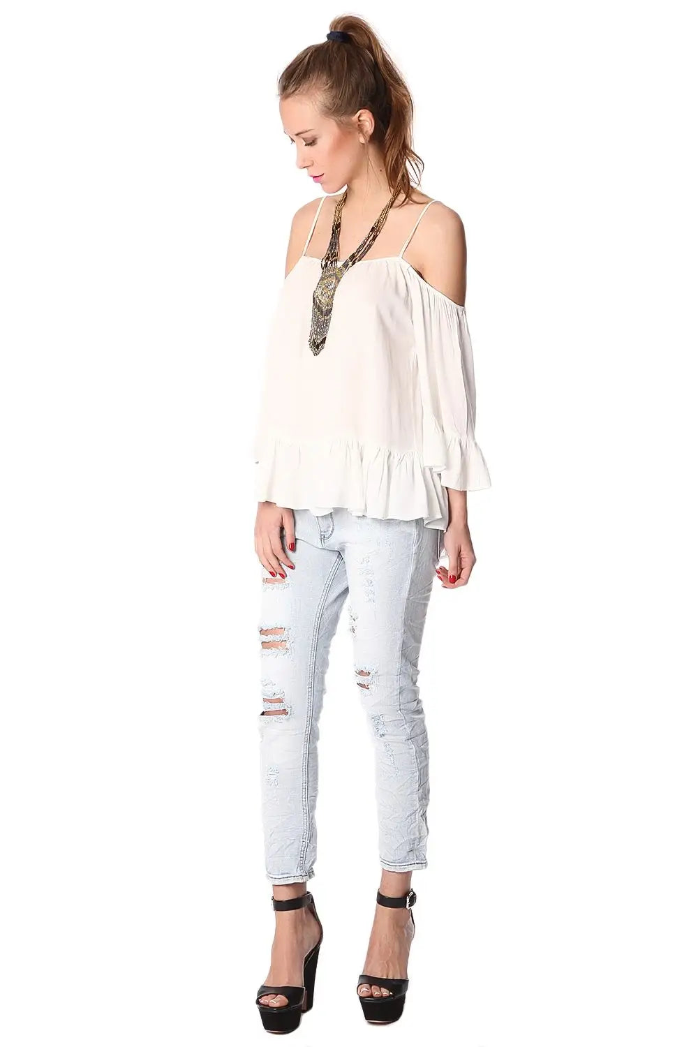 Top blanc à épaules dénudées et bordures volantées - Tee-Shirt