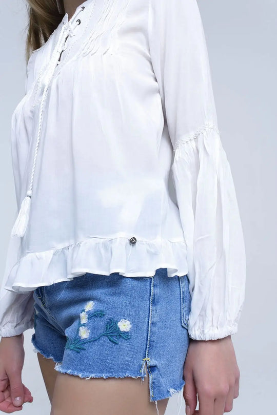 Top blanc avec détail noué et ourlet avec volants - Tee-Shirt