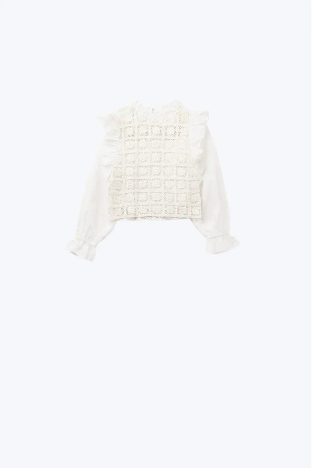 Top blanc en crochet avec bordure à volants et manches longues - Tee-Shirt