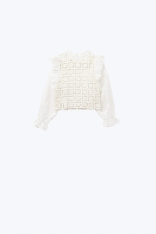 Top blanc en crochet avec bordure à volants et manches longues - Tee-Shirt