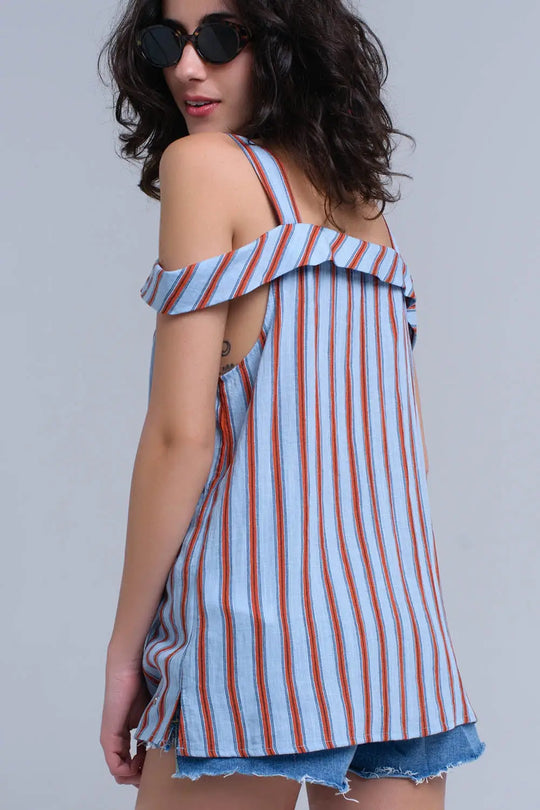 Top bleu avec des rayures orange - Tee-Shirt