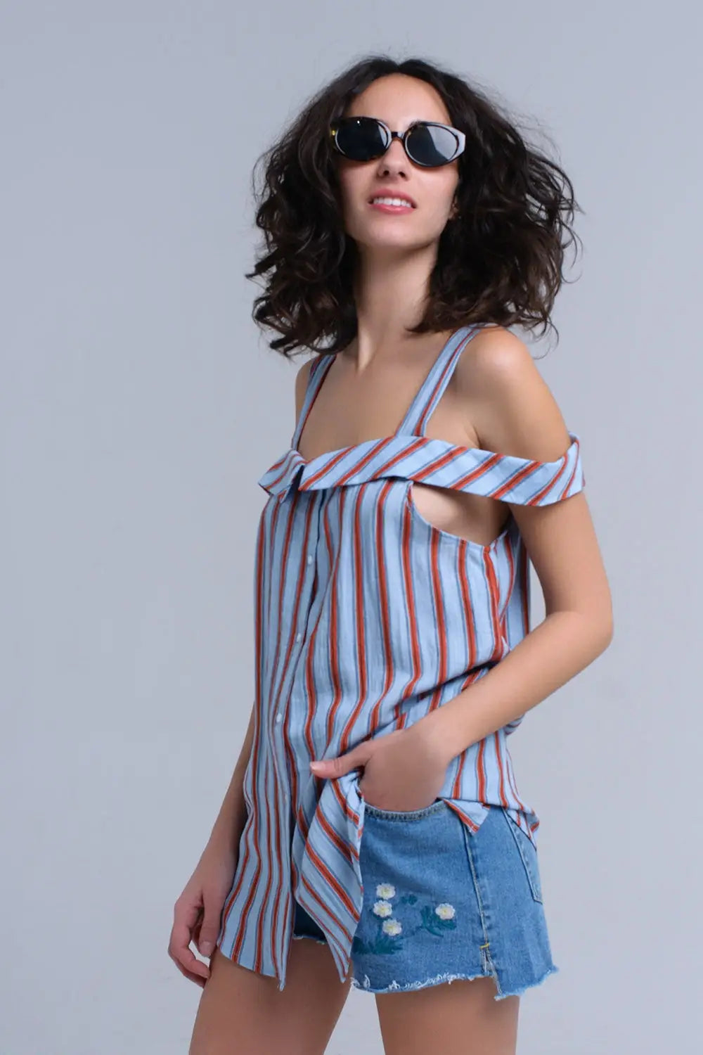 Top bleu avec des rayures orange - Tee-Shirt