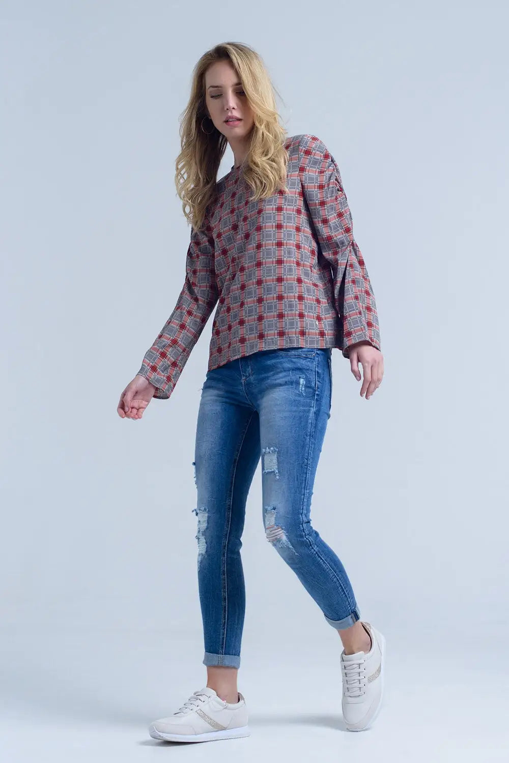 Top bordeaux avec imprimé à carreaux - Tee-Shirt