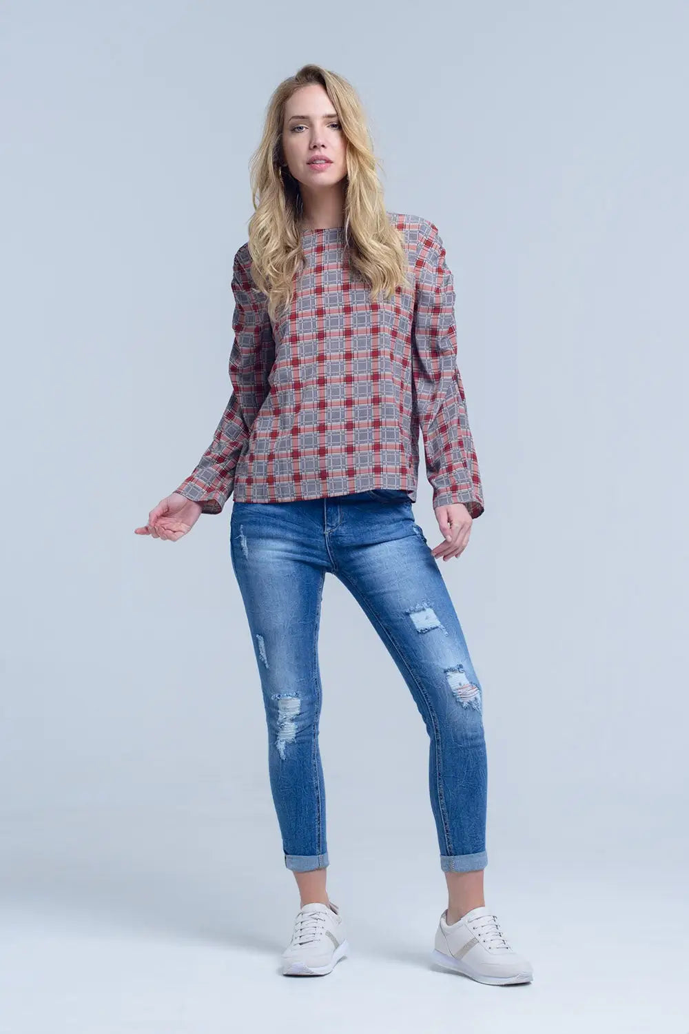 Top bordeaux avec imprimé à carreaux - Tee-Shirt