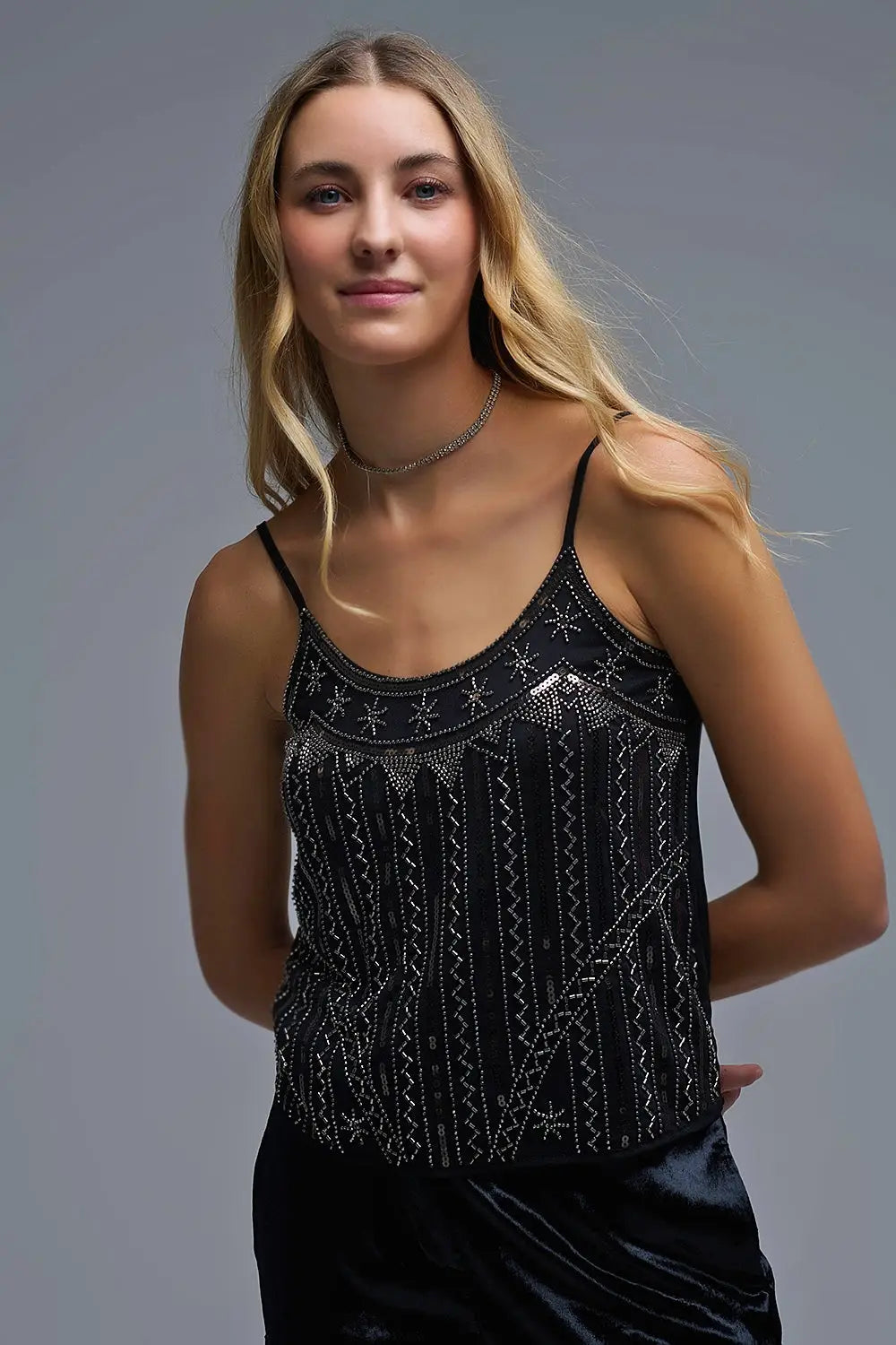 Top Cami à paillettes brodées vintage en noir - Tops