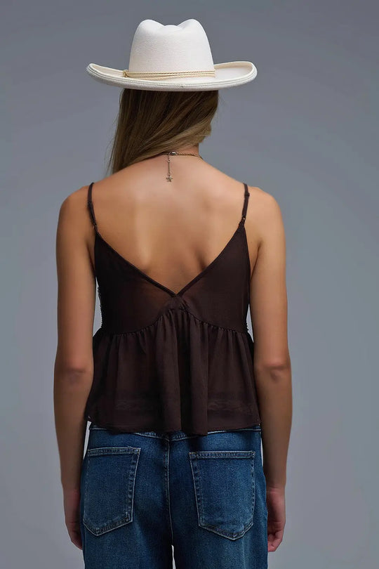 Top camisole à paillettes avec ornements marron - Tops
