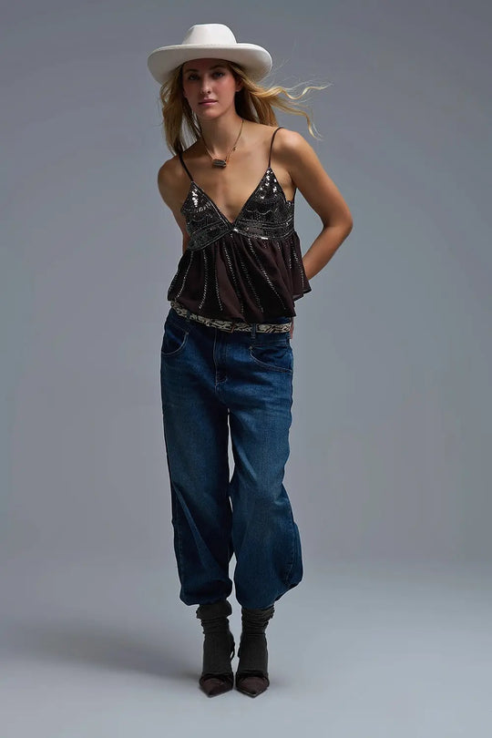 Top camisole à paillettes avec ornements marron - Tops