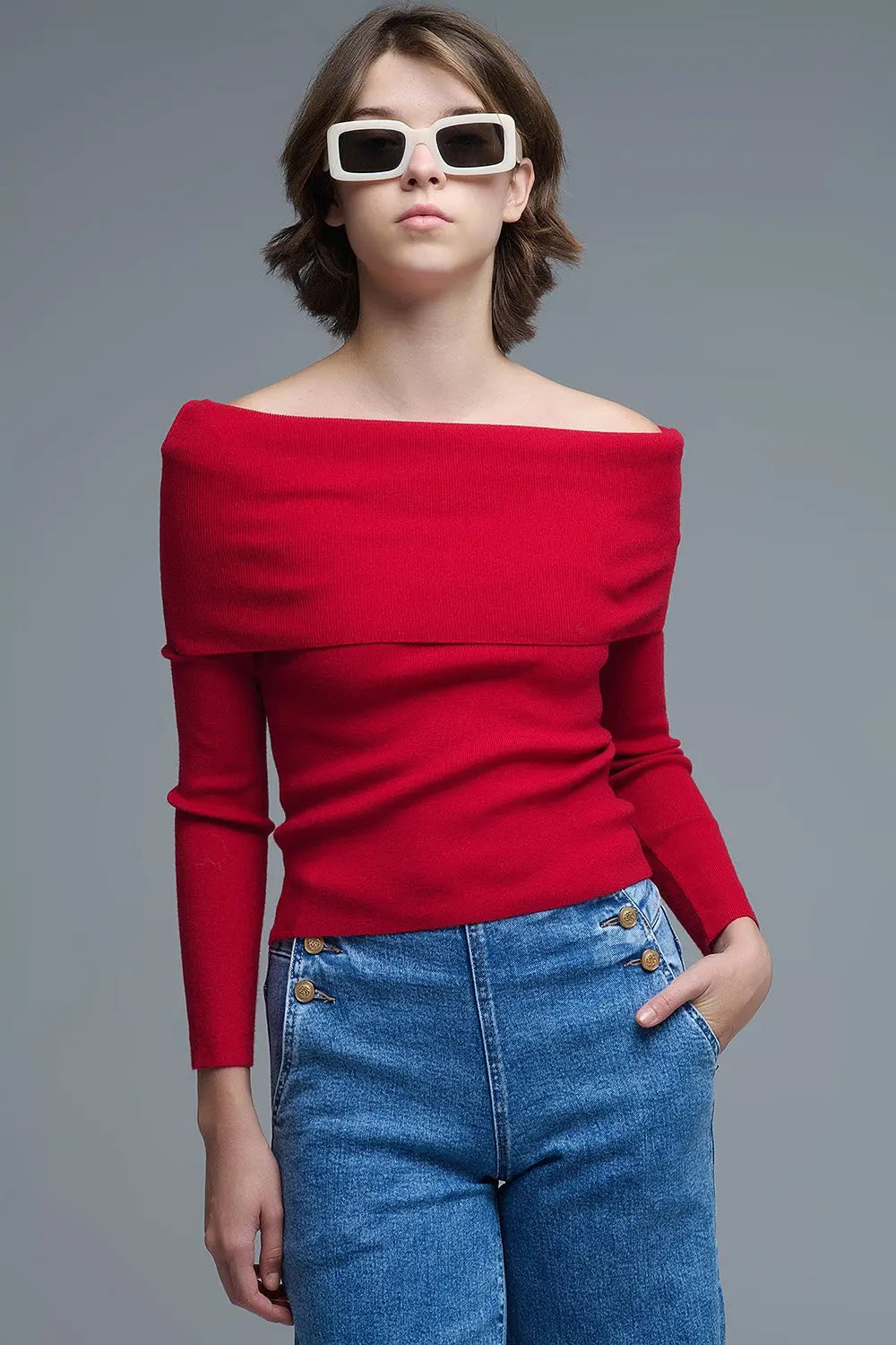 Top chic en tricot rouge à épaulettes - Pulls