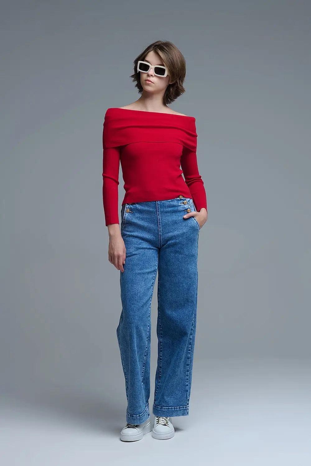 Top chic en tricot rouge à épaulettes - Pulls