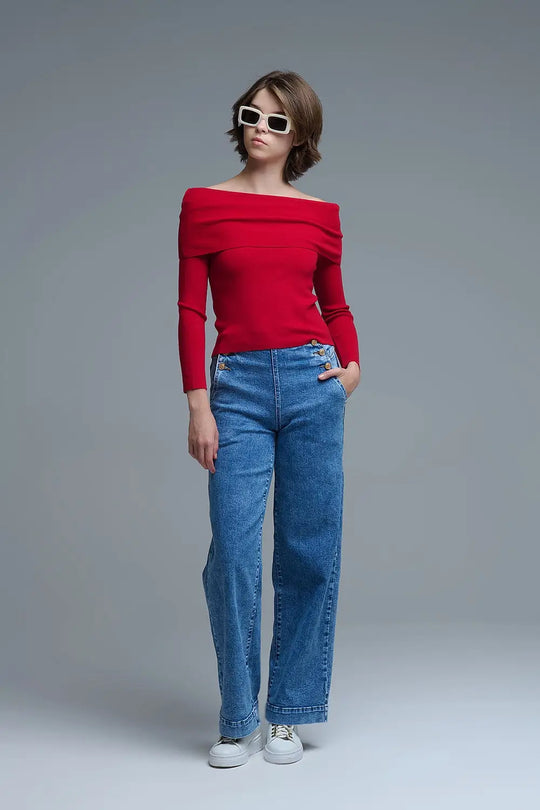 Top chic en tricot rouge à épaulettes - Pulls