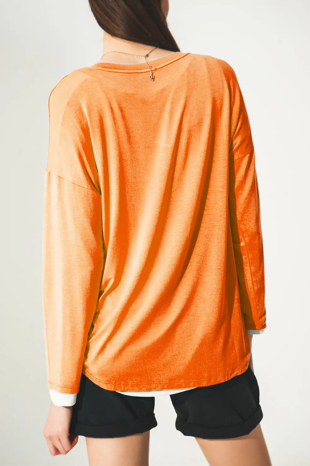 Top col en V à manches longues en modal en orange - Tops