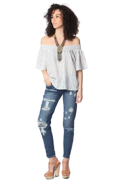 Navy boho off the shoulder top - Shirts