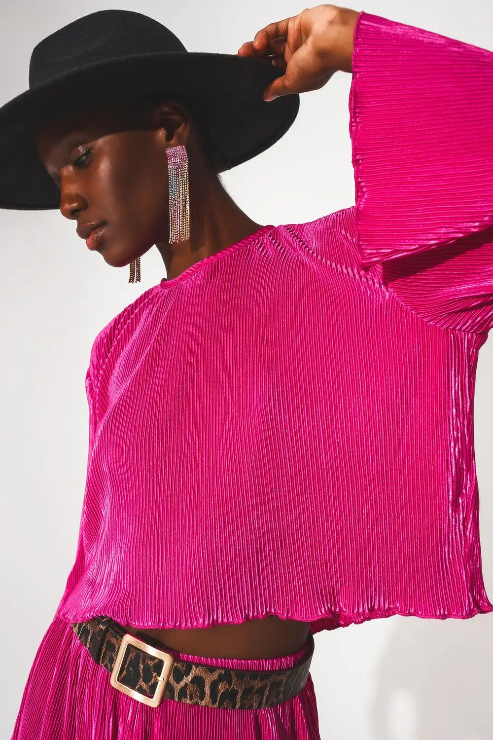 Top court à col rond plissé en fuchsia - Tops