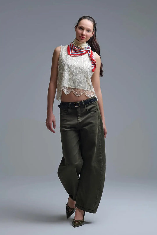 Chic Cream Sequin Cropped Top - Tops