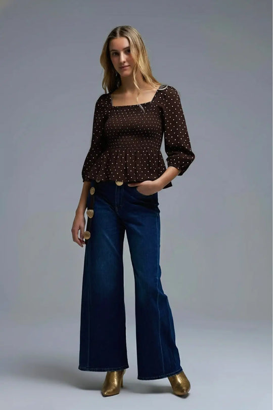 Top court chic marron à pois ajusté à la taille - Tops