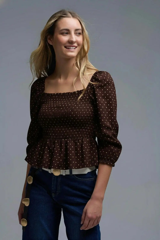 Top court chic marron à pois ajusté à la taille - Tops