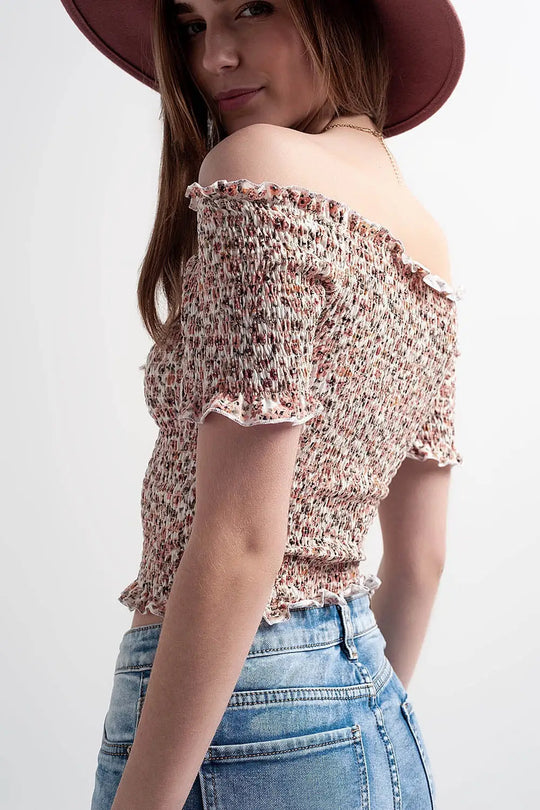 Top court froncé imprimé à épaules dénudées Petites fleurs - Tops