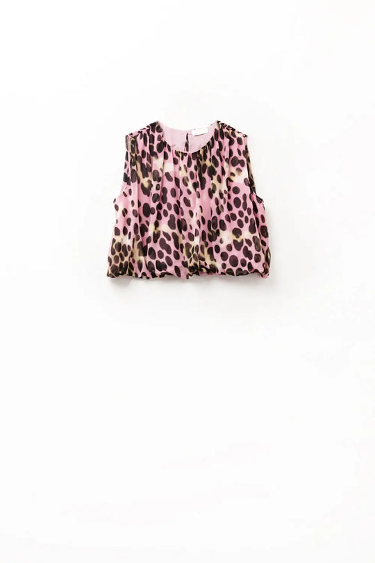 Q2 Top court plissé à imprimé animalier en rose et marron