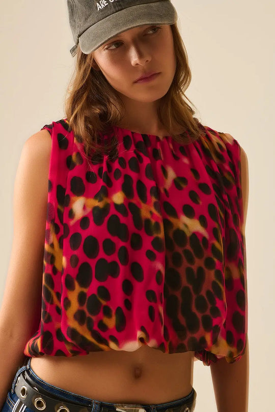 Top court plissé à imprimé animalier en rouge et noir - Tops