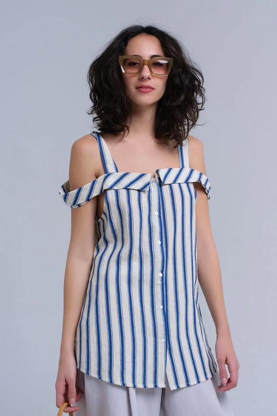 Top crème à rayures bleues - Tee-Shirt