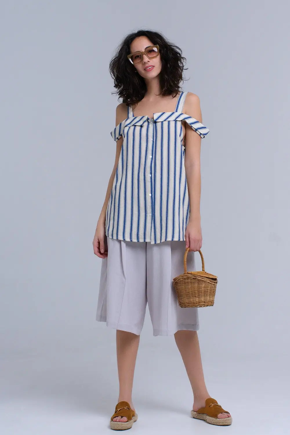 Top crème à rayures bleues - Tee-Shirt