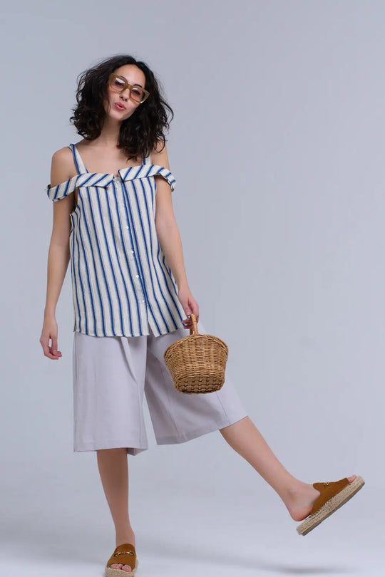 Top crème à rayures bleues - Tee-Shirt