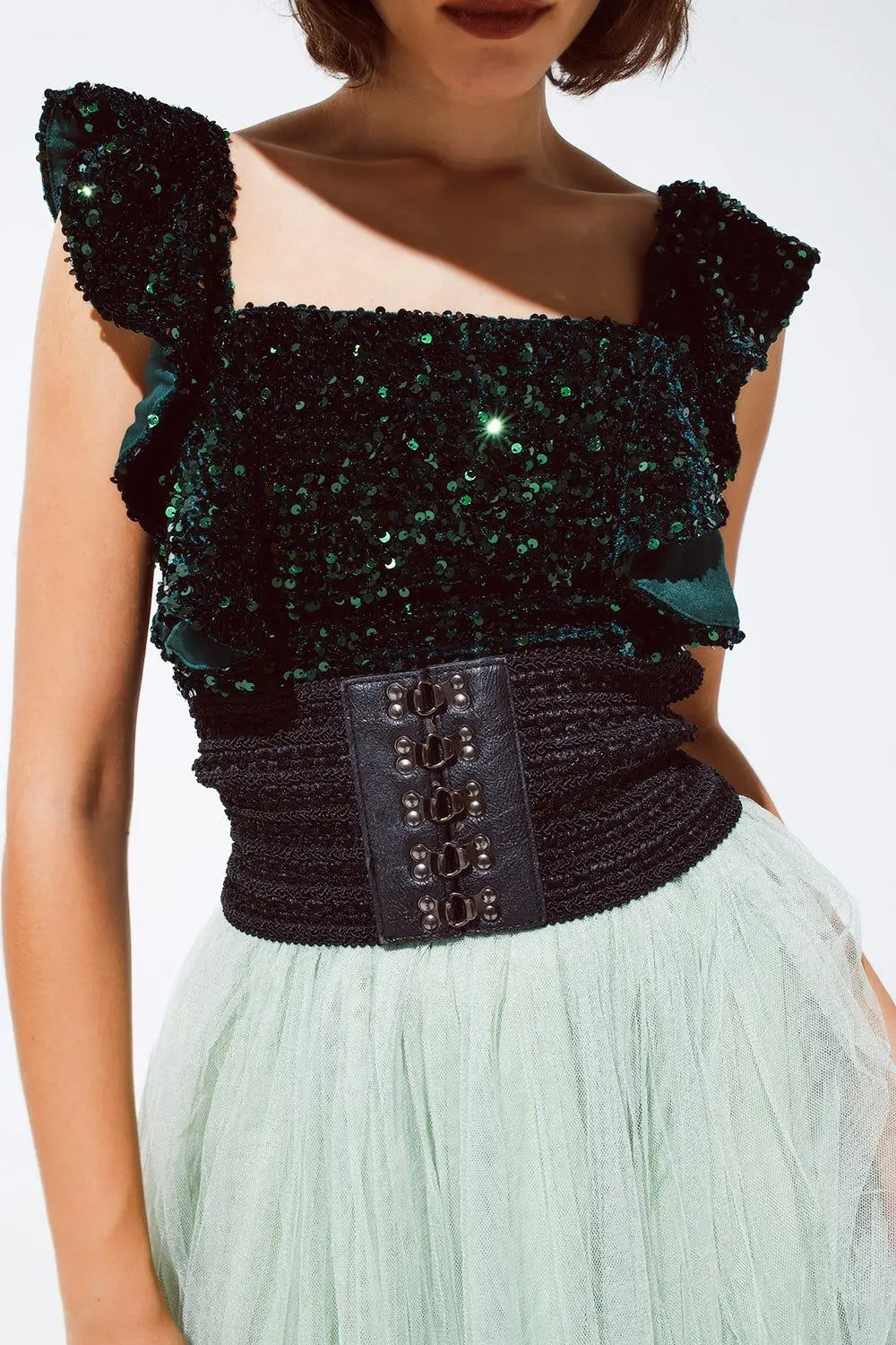 Top croisé à paillettes en vert avec larges bretelles - Tops