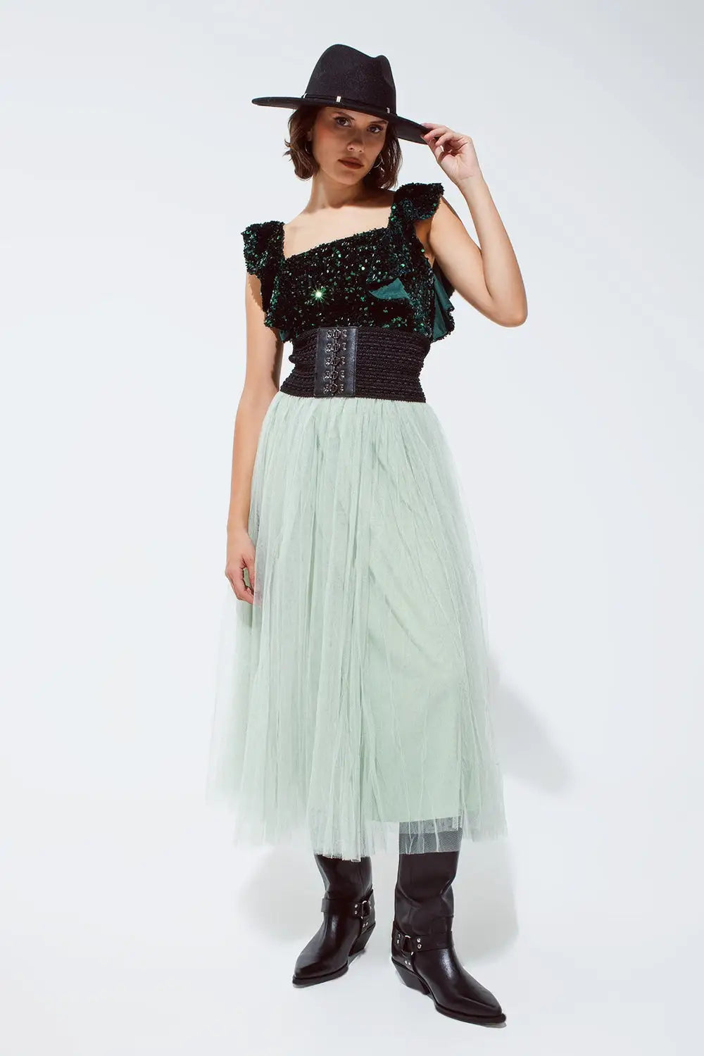 Top croisé à paillettes en vert avec larges bretelles - Tops