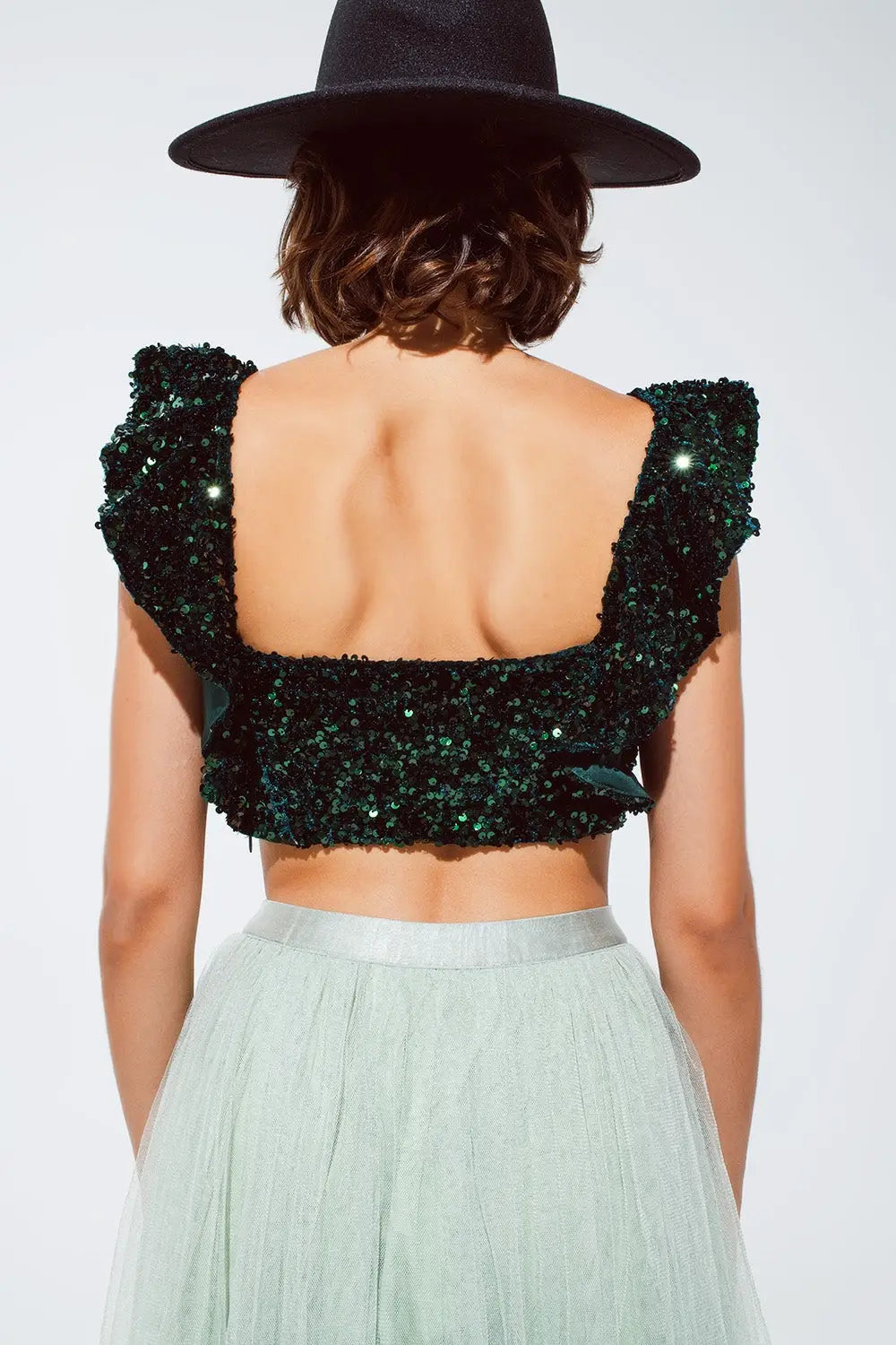 Top croisé à paillettes en vert avec larges bretelles - Tops