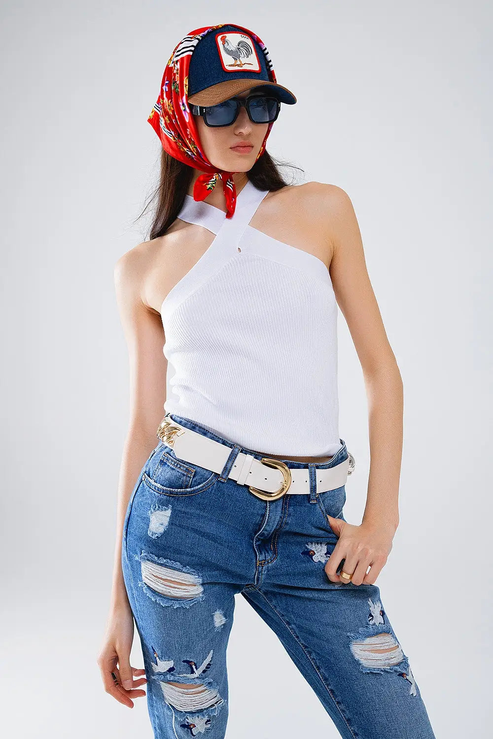 Top croisé en maille sur le devant blanc - Pulls