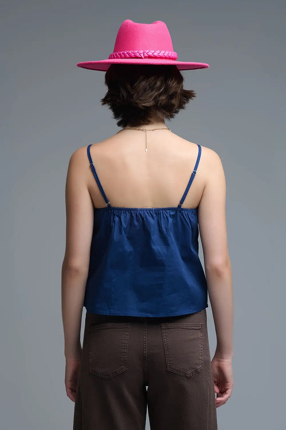 Top crop en popeline marine avec nœud - Tops
