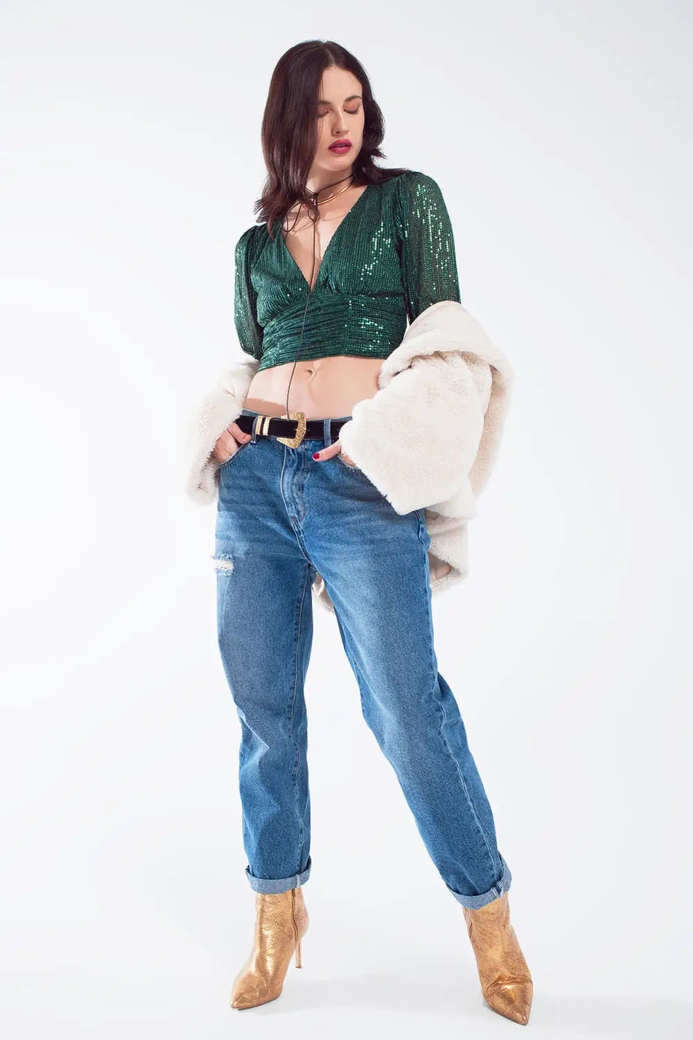 Top cropped à manches longues avec col en V et design roulé en vert - Tops