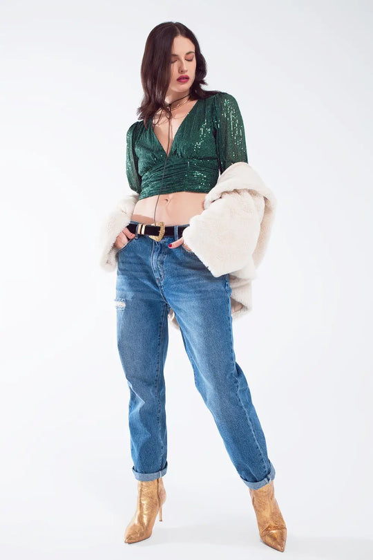 Top cropped à manches longues avec col en V et design roulé en vert - Tops