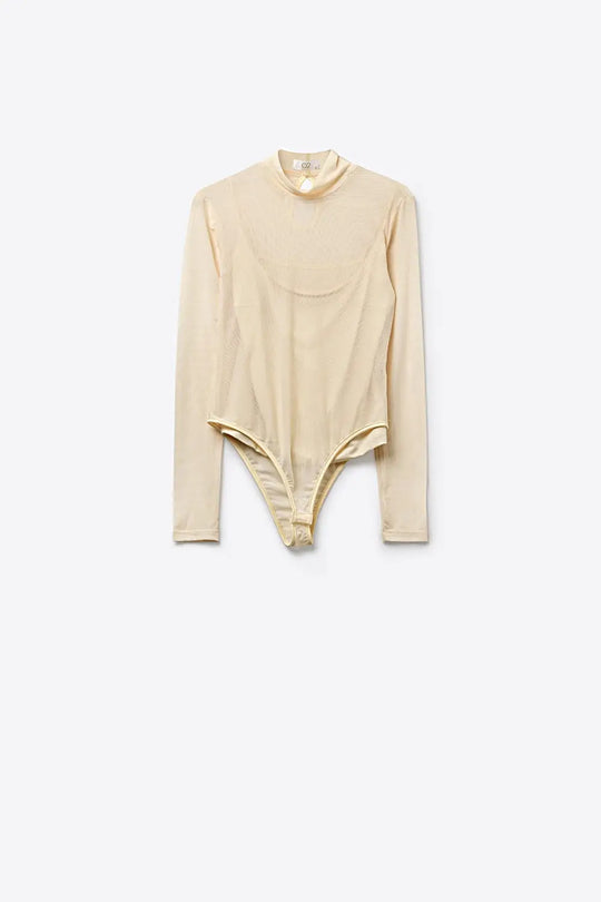 Top de bodys à manches longues en maille transparente crème - Tee-Shirt