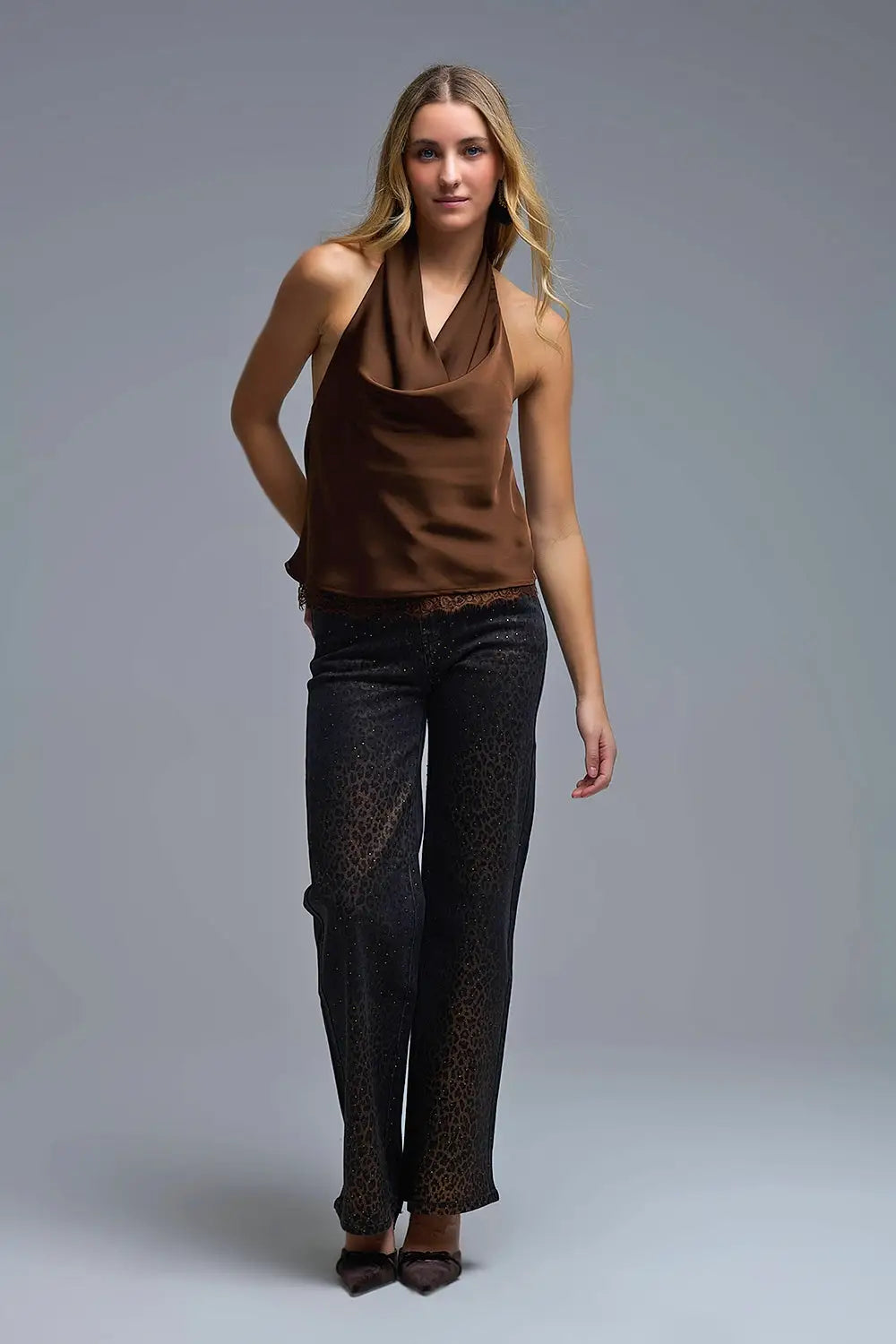 Top dos nu en satin marron avec encolure drapée - Tops