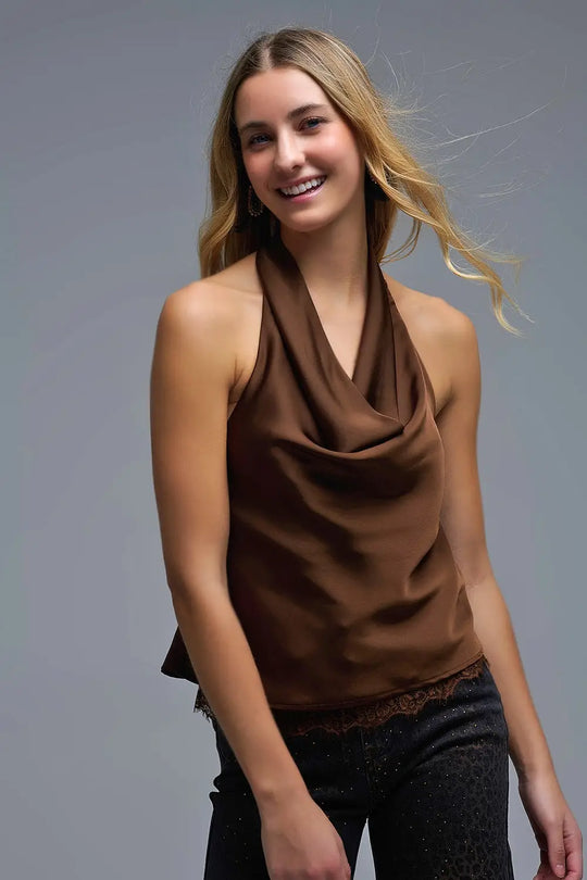 Top dos nu en satin marron avec encolure drapée - Tops