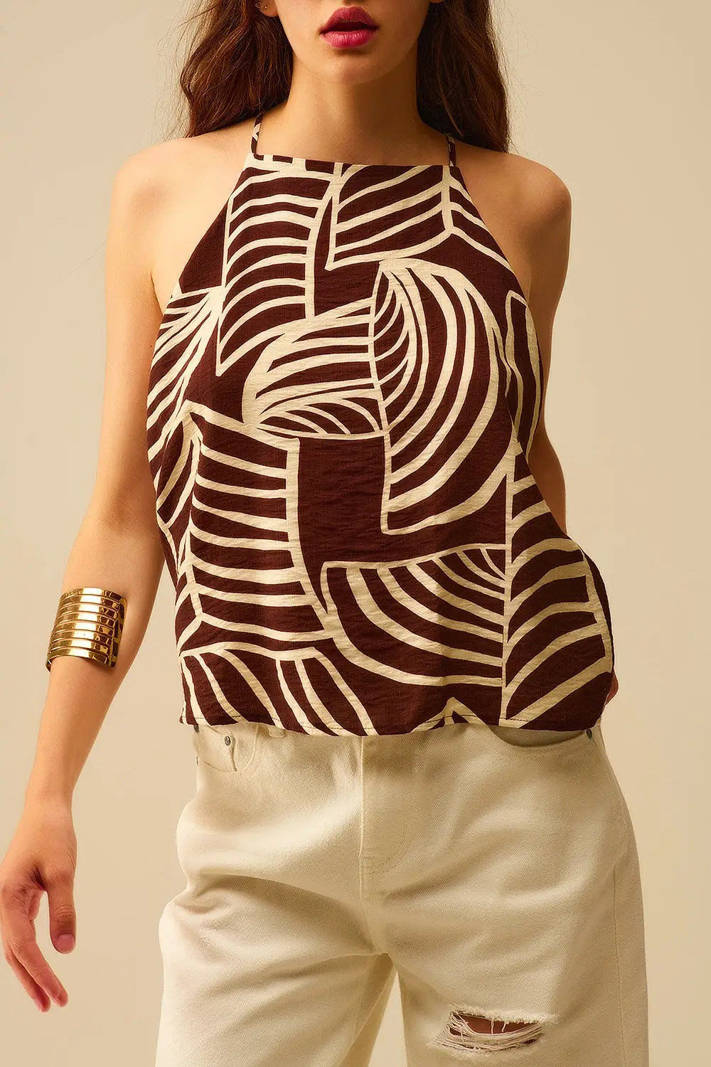 Top dos nu marron avec impression de feuilles blanches - Tops