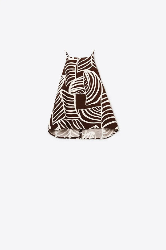 Top dos nu marron avec impression de feuilles blanches - Tops