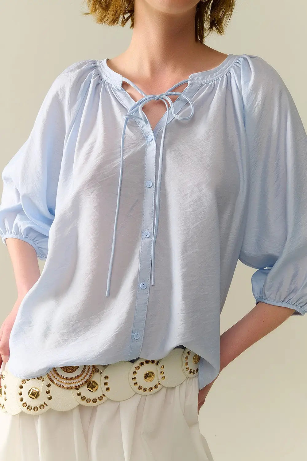 Top en chiffon bleu bébé avec manches bouffantes - Tee-Shirt