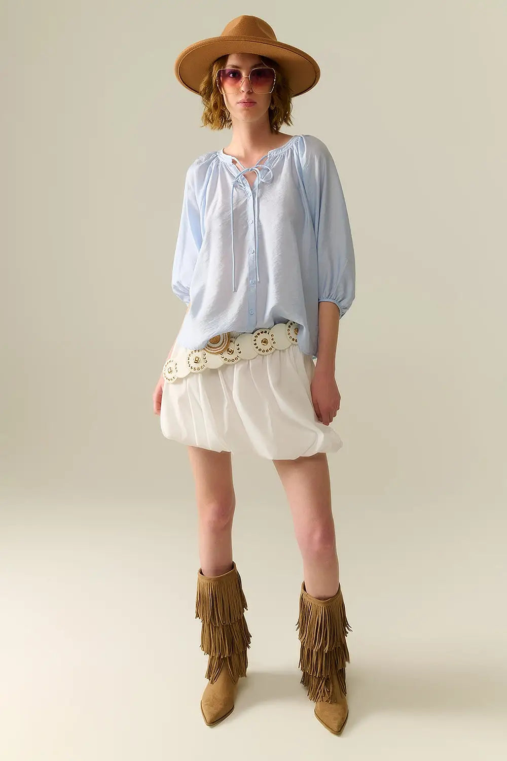 Top en chiffon bleu bébé avec manches bouffantes - Tee-Shirt